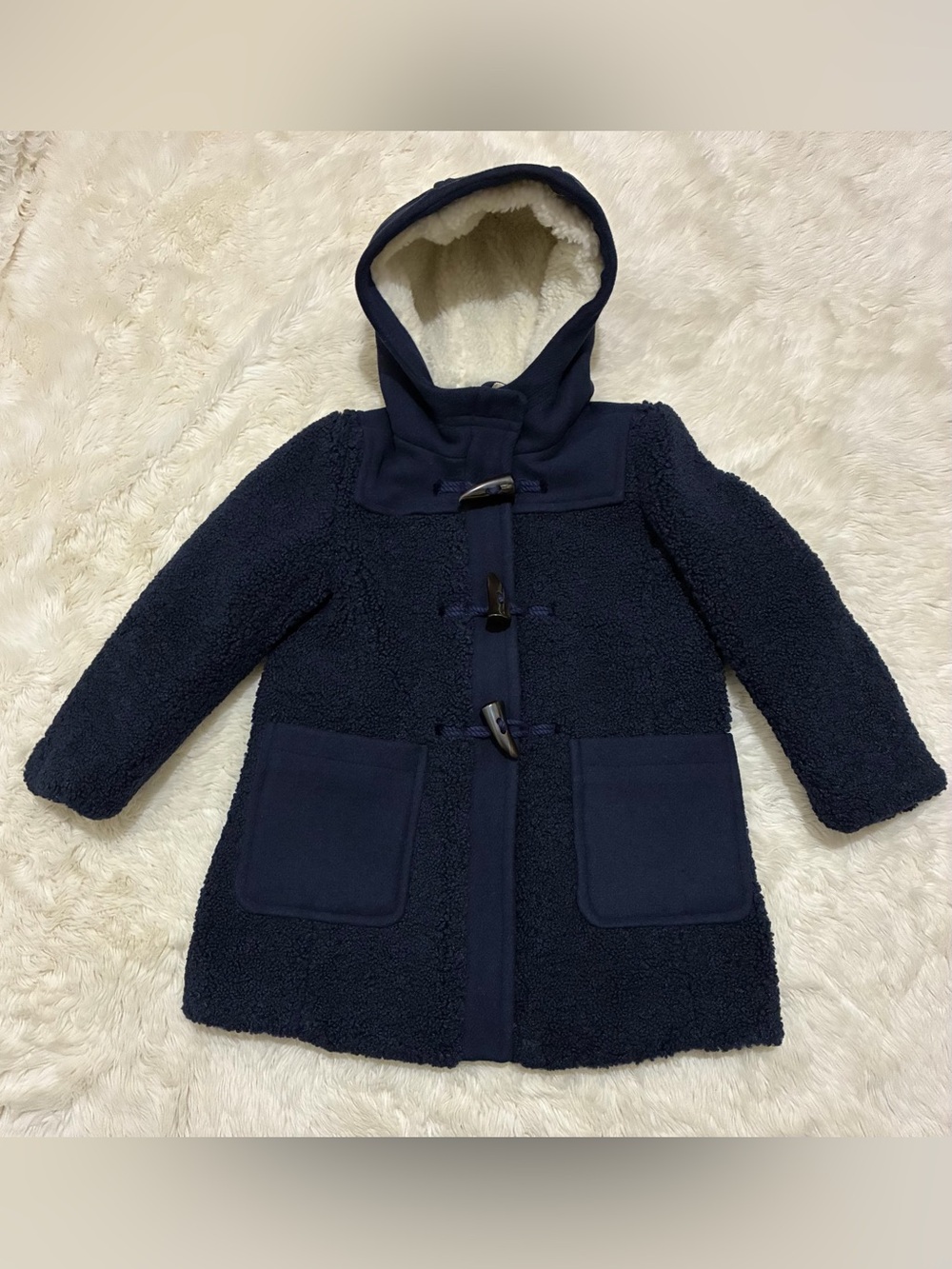 Crewcuts Faux Shearling Toggle Sherpa Hooded Sherpa Coat, Navy Blue, Girls 6-7
